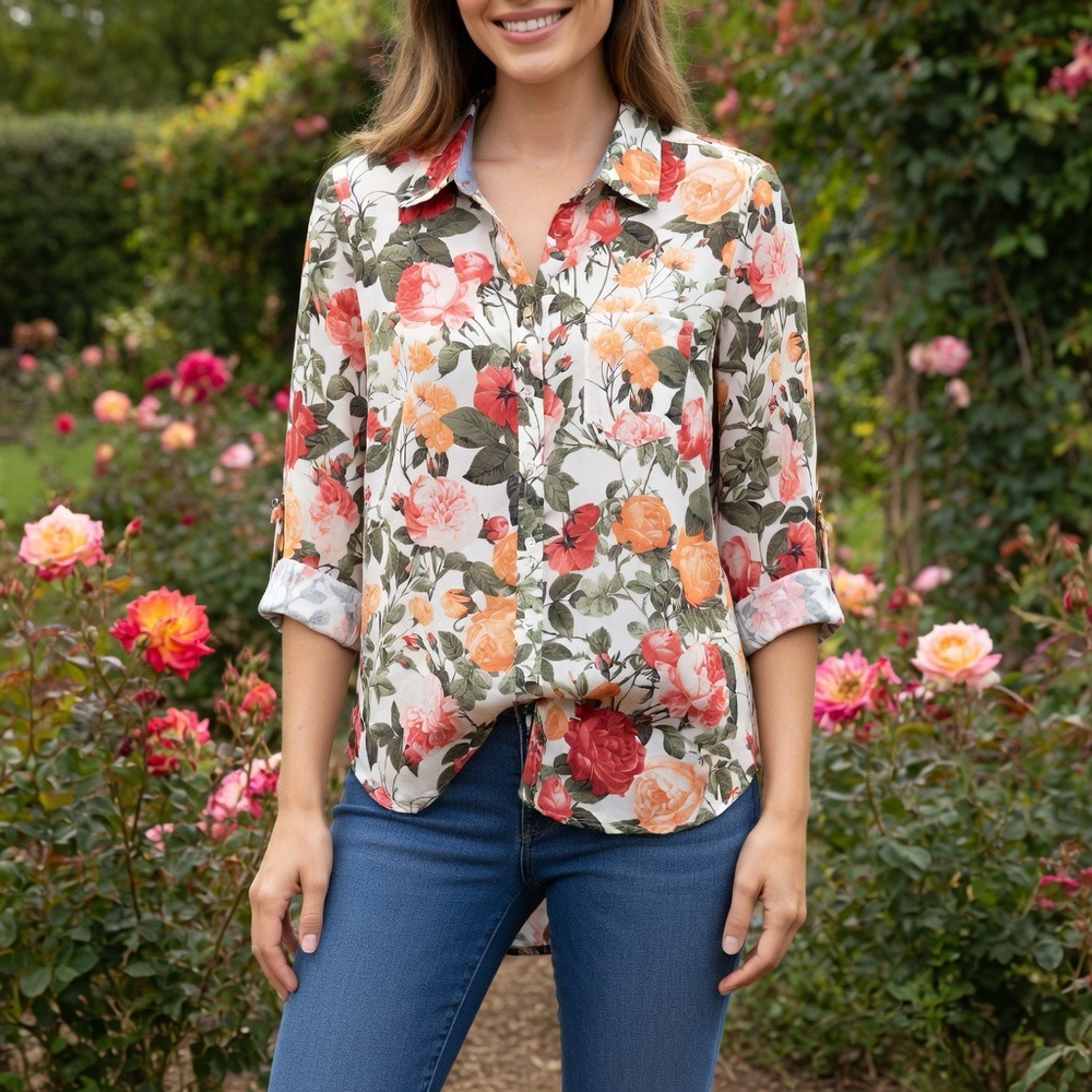 Talbots Rose Garden Floral Button-Down Cotton Shirt Top Blue Trim Long Sleeve